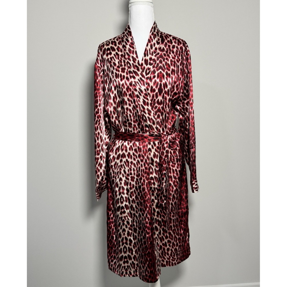 Bed of Roses Satin Red Animal Print Kimono Robe Lightweight Sz L Femme‎ Noir